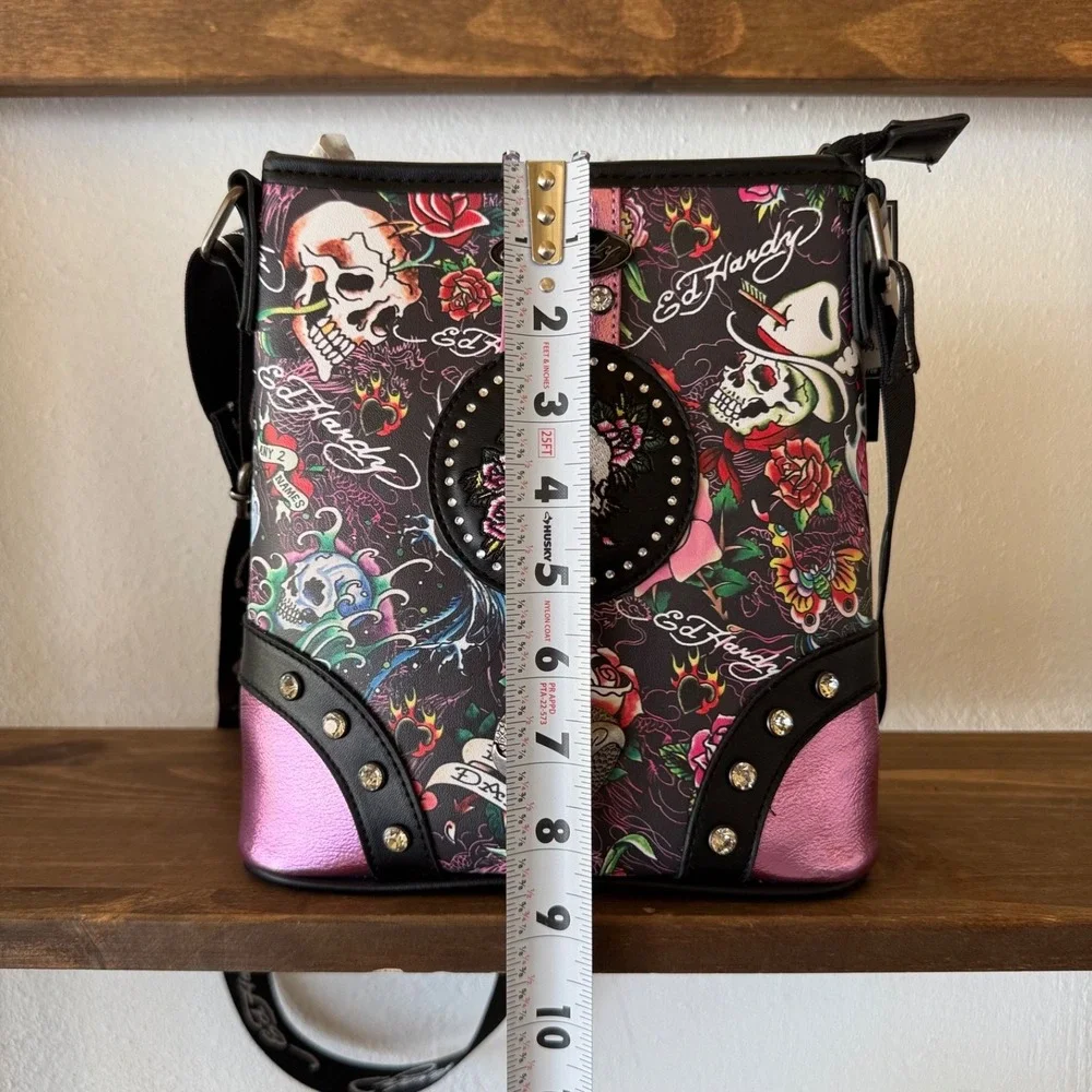 Ed Hardy Skull Roses‎ Tattoo Crossbody Bag Studded Y2K Purse NWT Metallic Pink